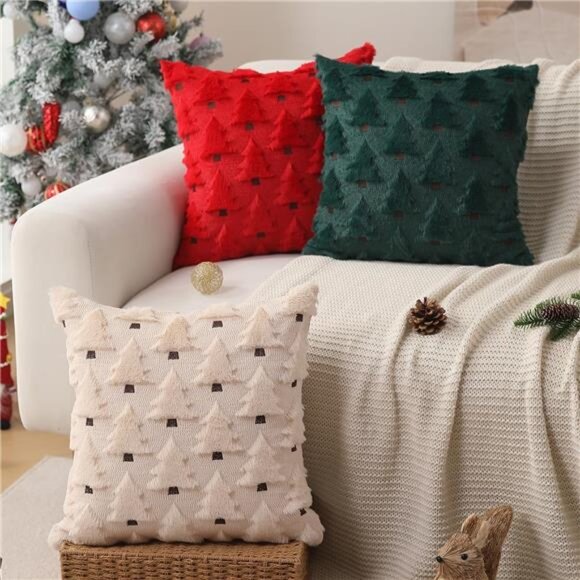 Christmas Pillow Covers Set of 2 18x18 Inch Soft Plush Xmas Tree Throw Decor - Picture 4 of 7